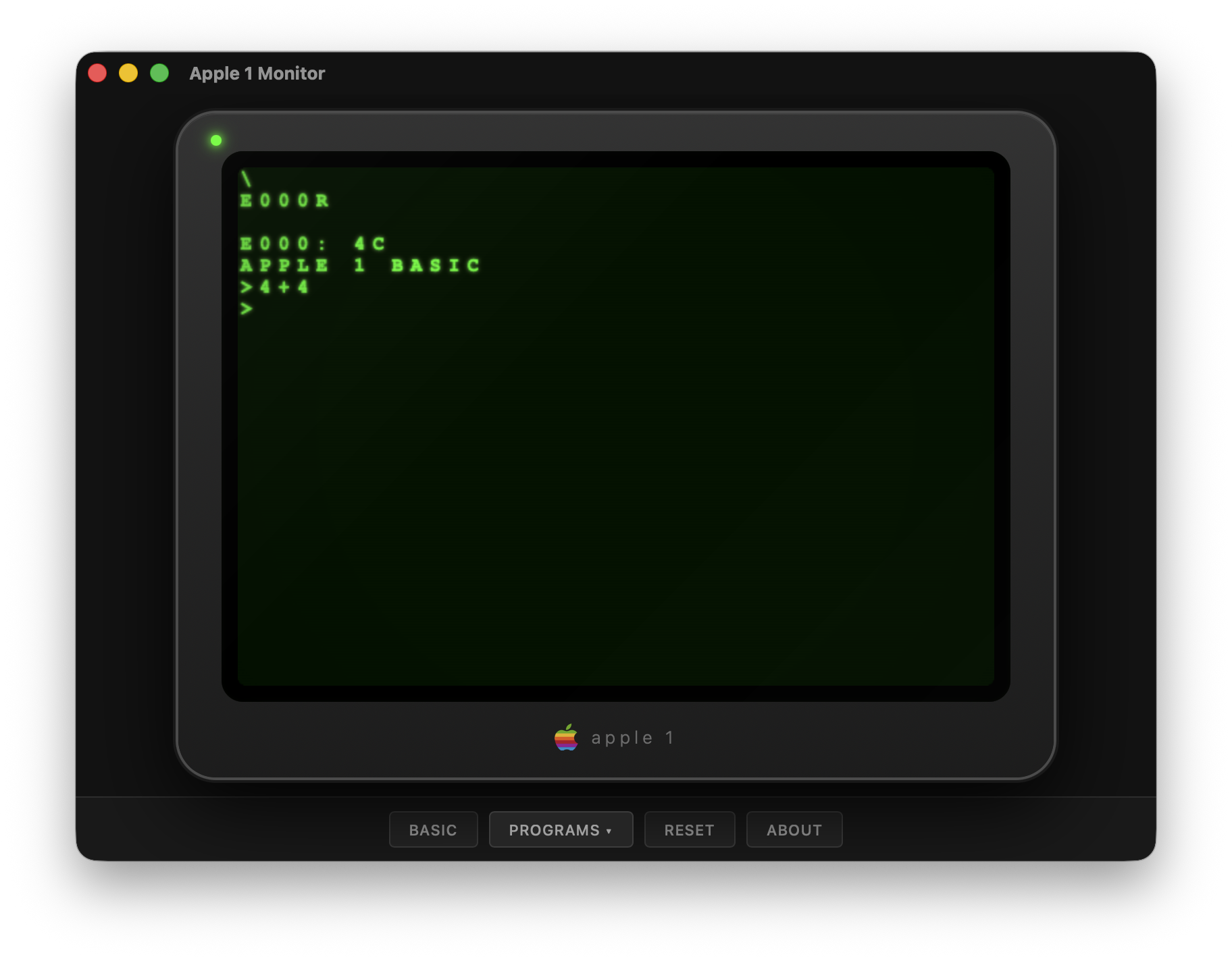 Apple 1 Monitor — Desktop App running Integer BASIC