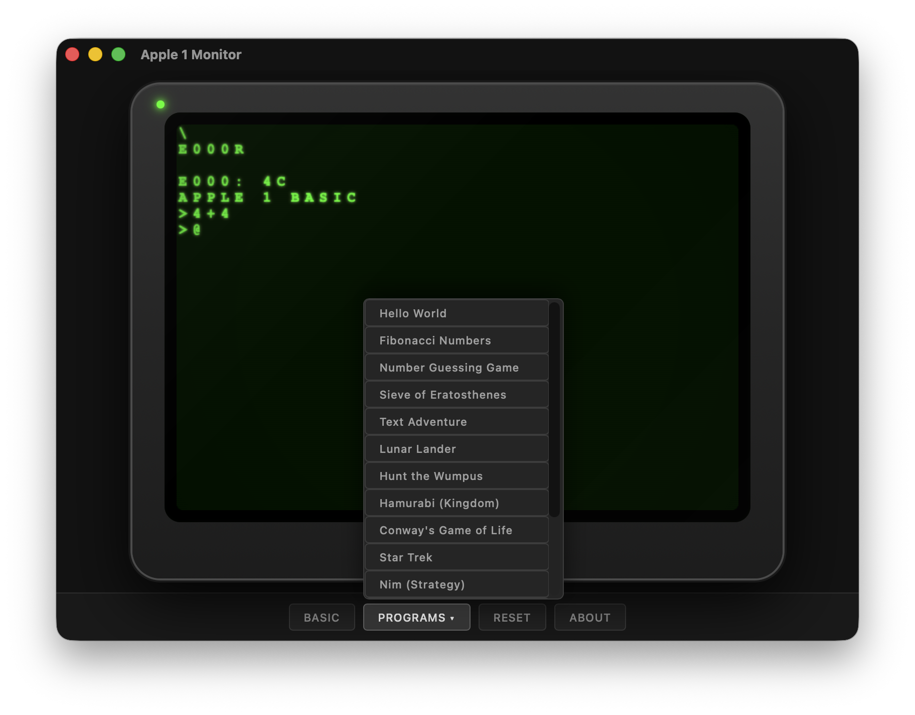 Programs dropdown with 11 built-in demos